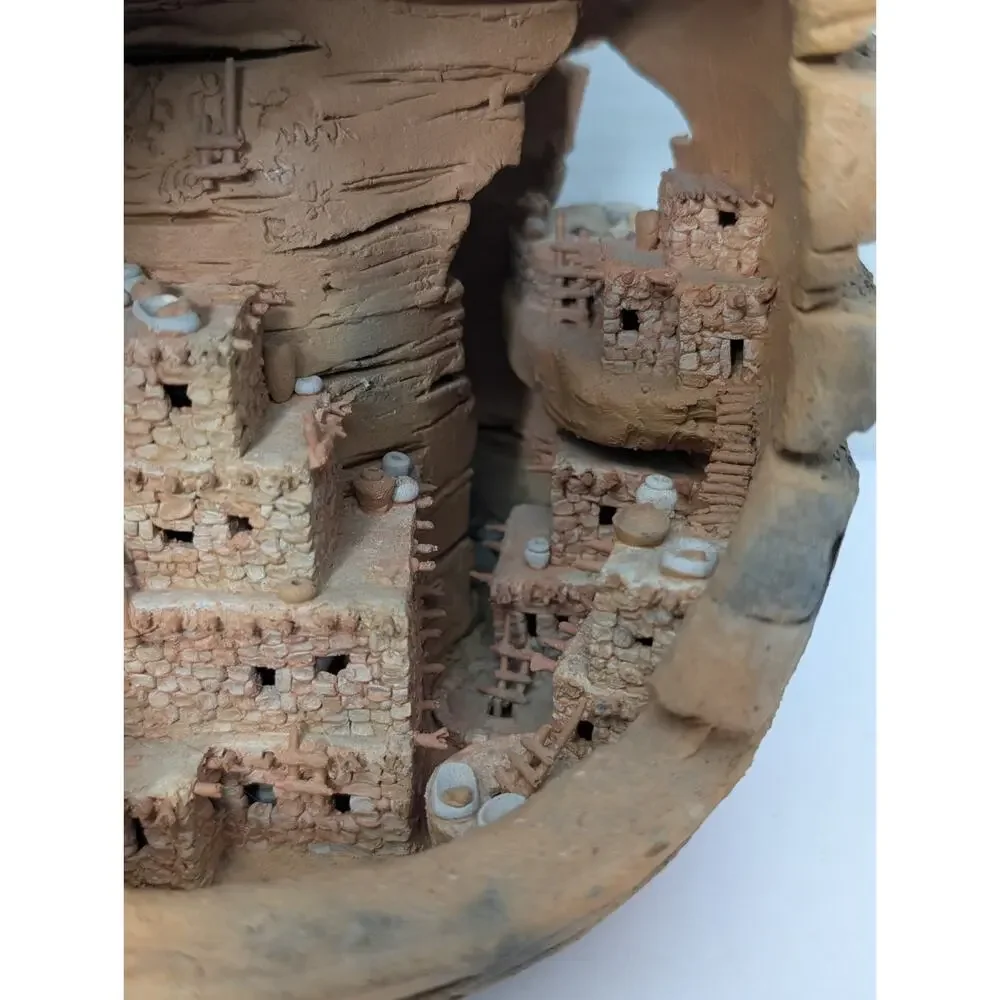 1992 Signed Clay Pueblo Pottery Diorama Southwestern Cave Village Sculpture Vase